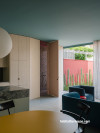 Living and kitchen area, living and kitchen area featuring Resene Juniper on the ceiling