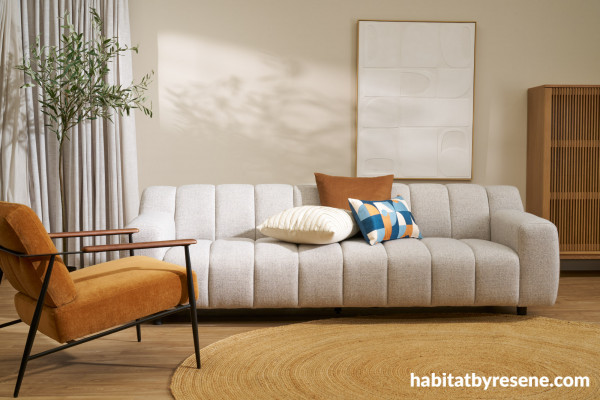 Paired with Resene Half Tea on the walls, the Rio 3-Seat Sofa in Natural from nood creates a dreamy neutral space. 