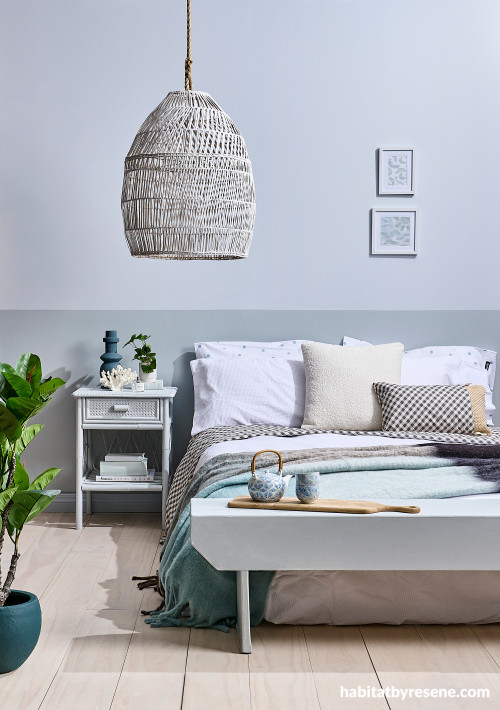 Bedroom, soft blue bedroom, bedroom featuring Resene Duck Egg Blue