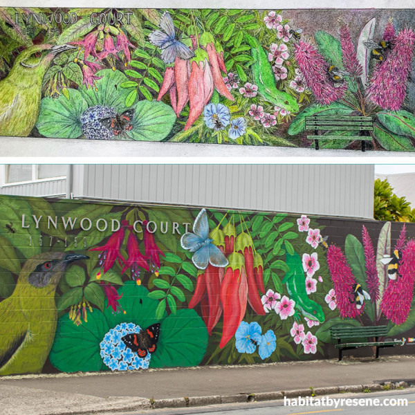 Above: Kiran’s render of the mural. Below: The final mural painted in Brooklyn, Wellington. The colours used are Resene Candy Floss for the prominent Kākābeak flower with the flowers in the background using Resene Paprika. The green cap of the flower is Resene Citron, the gecko's base colour is Resene Jungle Juice with the skin details in Resene Elephant, Resene Wham and Resene Parsley. The Hebe flowers are primarily Resene Lip Service with Resene Glamour Puss and Resene Revolver to add highlights and shadows. 