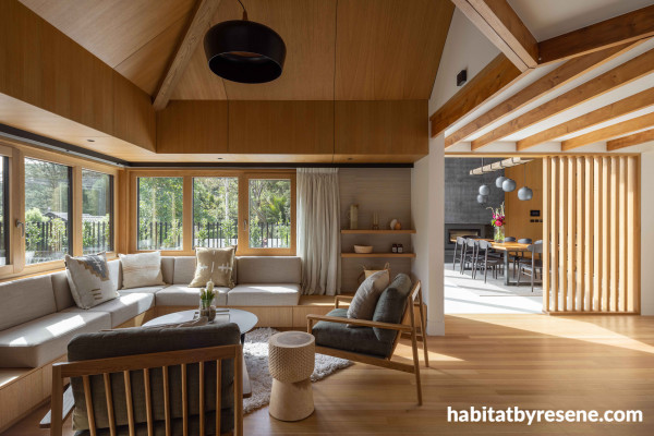 The origami-like design in the home is truly remarkable. The timber floor, an extension of the natural surroundings, is finished in Resene Qristal ClearFloor 1K for a beautiful finish. The walls and ceiling are painted in Resene Half Black White.