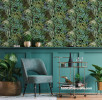 Living area, living area featuring statement deep green, teal and brown patterned wallpaper