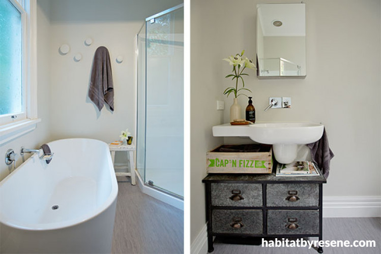 bathroom, freestanding bath, freestanding tub, neutral bathroom, grey and white bathroom, resene 