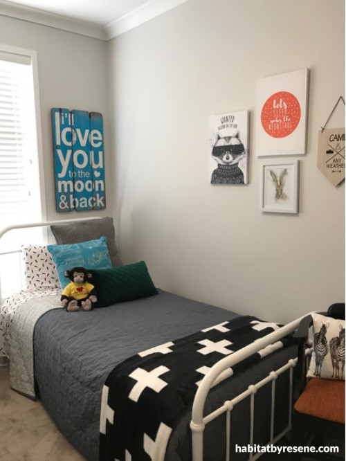 white guest room, bed and breakfast, resene double sea fog, beach house, kids bedroom