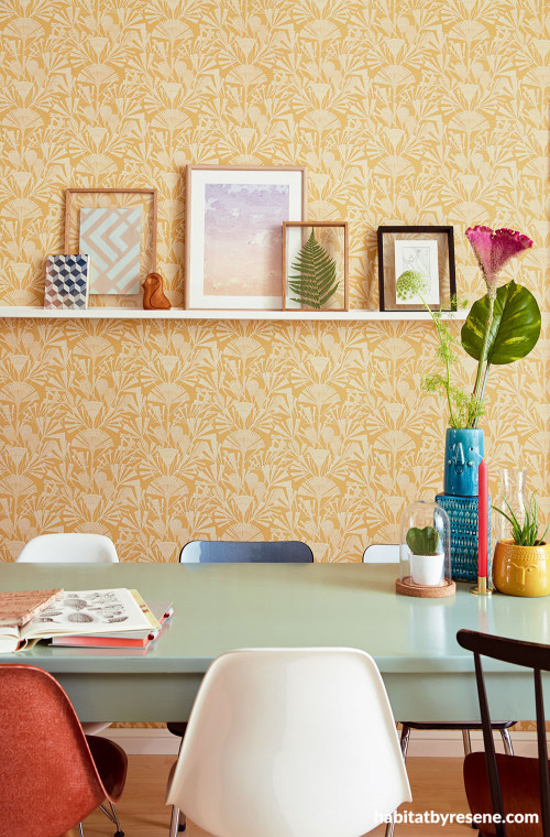 dining room, wallpaper feature wall, wallpaper dining room, yellow wallpaper, retro floral wallpaper