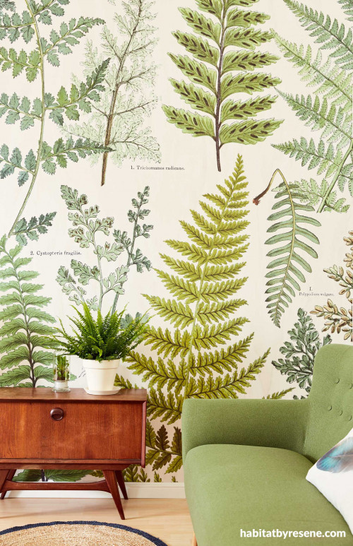 feature wall, nature wallpaper, leaf wallpaper, green wallpaper, nature inspired wall 