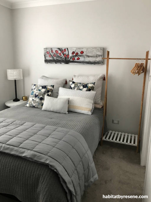 white guest room, bed and breakfast, resene double sea fog, beach house