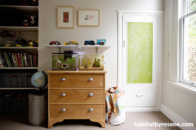 dresser inspo, dressing table, green door, kids bedroom, resene, fish tanks, bedroom fish tank inspo