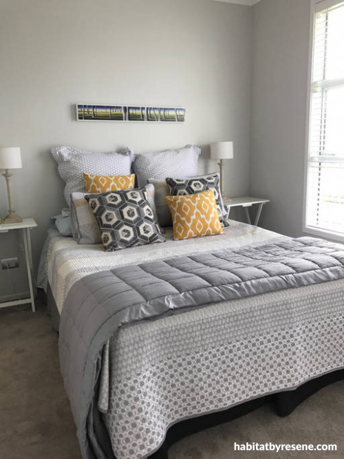 white master bedroom, bed and breakfast, resene triple alabaster, beach house