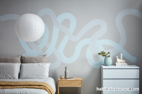 bedroom, grey bedroom, grey and blue interior, painted feature wall, wave inspired wall