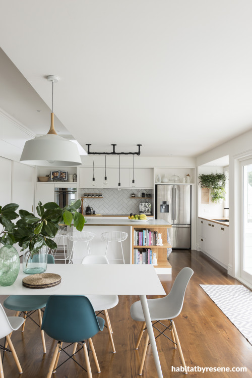 living area, dining room, open plan living, white kitchen, white dining room, white living area