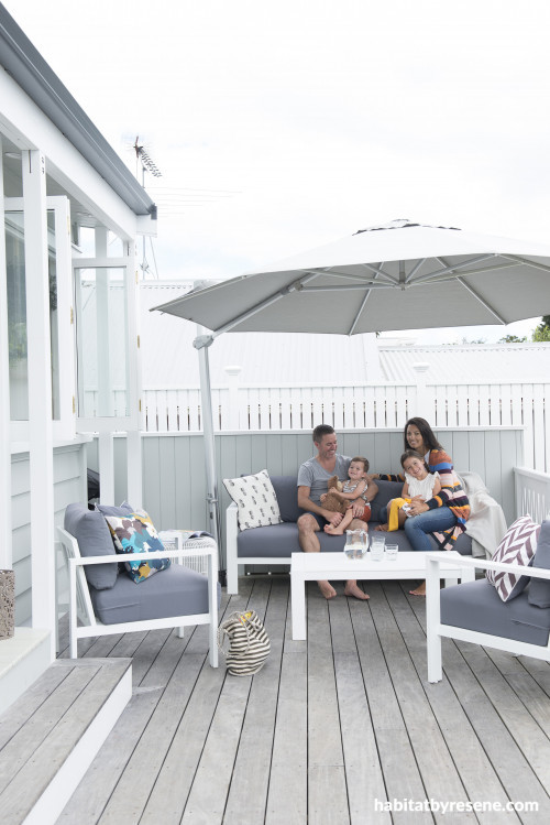 house exterior, deck, outdoor living area, renovated villa, grey house exterior, outdoor seating