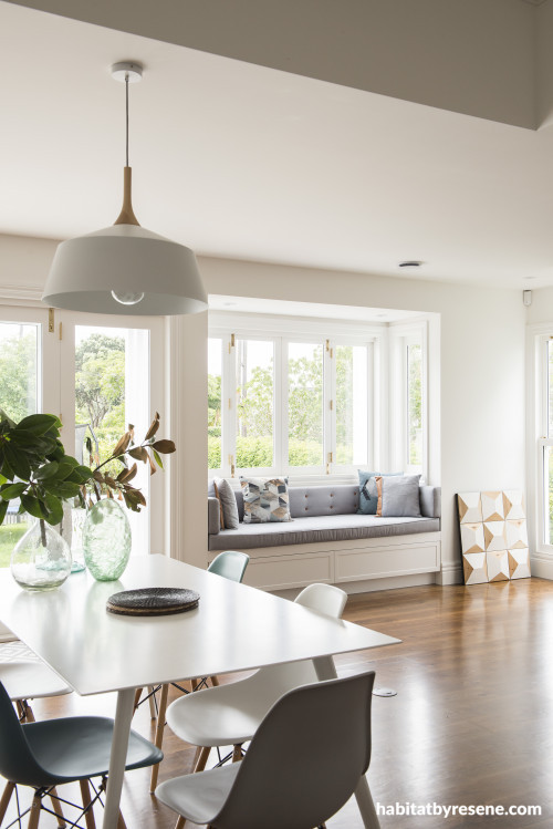 dining room, open plan living, white dining room, window seat, neutral dining room