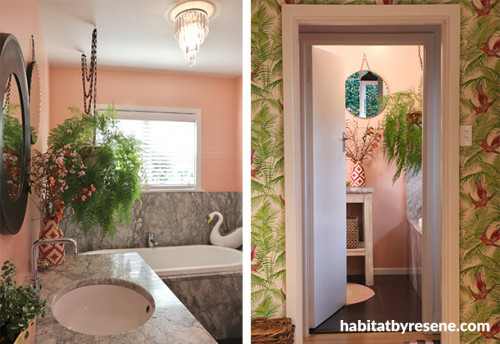 bathroom, pink bathroom, green wallpaper, wallpaper hallway, granite bath, granite vanity