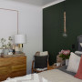 bedroom, green bedroom, green feature wall, resene black white, pendant light, resene seaweed
