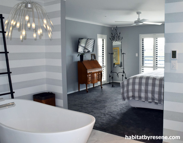 master bedroom, grey bedroom, ensuite, French country, grey bathroom, striped wallpaper 