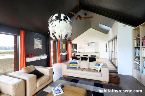 living room, lounge, black living room, black lounge, black and white interior, resene nocturnal