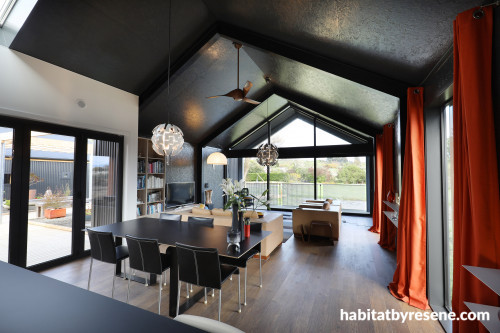 dining room, black dining room, black and white, black ceiling, resene nocturnal, black interior