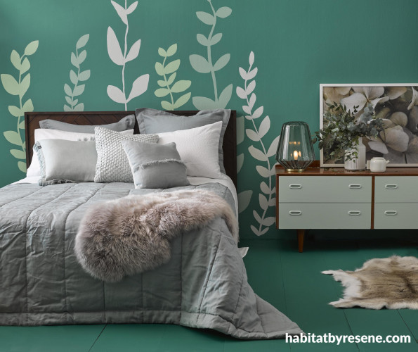 green feature wall, green bedroom, stenciled wall art, vine wall art, nature inspired bedroom 