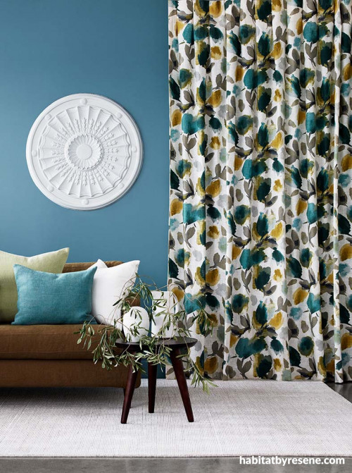 lounge, living room, blue lounge, blue living room, floral curtains, patterned curtains