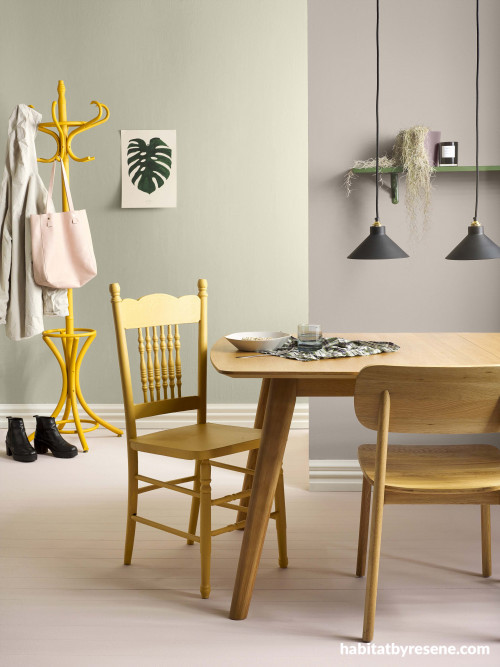 dining room, green dining room, yellow coat rack, entranceway, wood dining