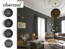 dark grey lounge, charcoal paint, living room, shades of grey, interior, home decorating ideas 