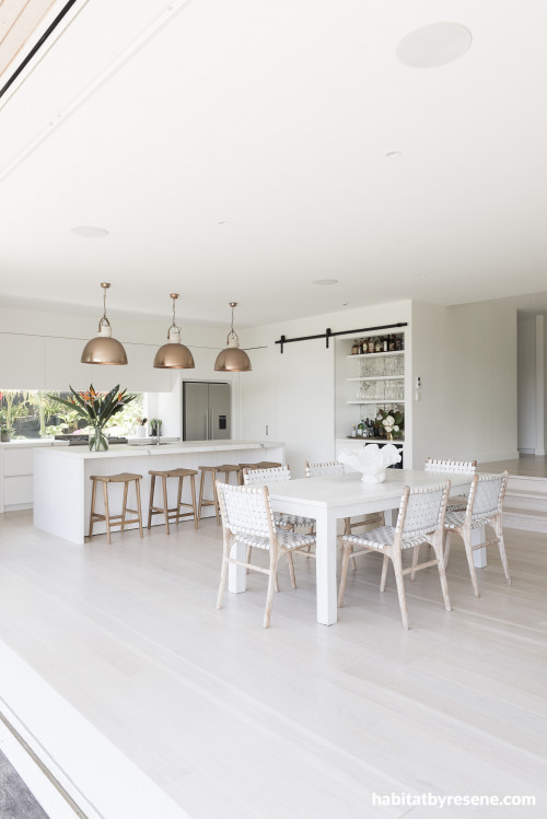 indoor outdoor living, open plan inspiration, white interior ideas, kitchen inspiration, resene