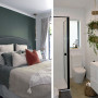 bedroom, bathroom, white bathroom, green bedroom, green feature wall, resene black white 