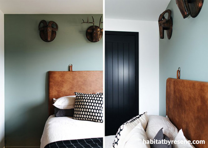 bedroom inspiration, bedroom decor, green feature wall, green bedroom ideas, leather headboard ideas