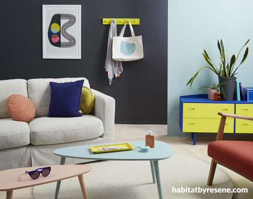 living room, interior, black paint, charcoal, Resene Nocturnal, summer room, bright, plywood floor