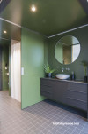 bathroom, green bathroom, bathroom inspiration, bathroom ideas, black and green, resene olive green