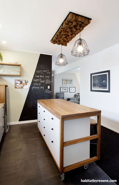 kitchen, blackboard paint, kitchen island, feature wall, green paint, custom ceiling rose