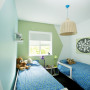 kids bedroom, children's bedroom, geometric pattern, blue bedroom, blue paint, green paint 