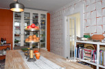 kitchen, orange kitchen, orange feature wall, geometric wallpaper, wallpaper feature wall