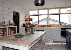 kitchen, geometric wallpaper, wallpaper feature wall, orange and white kitchen, resene sea fog