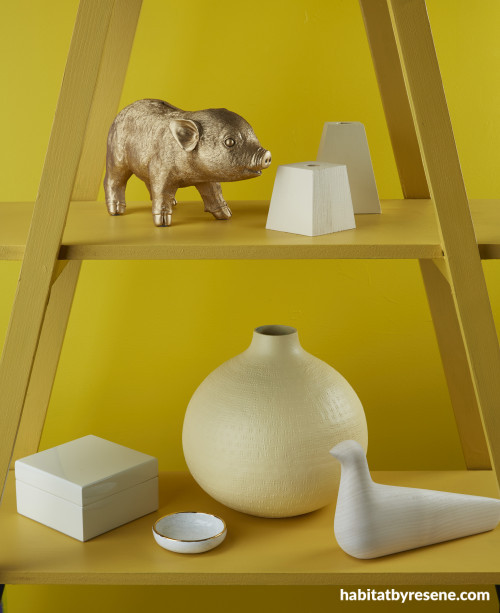 yellow paint, yellow interior, yellow feature wall, resene galliano, yellow interior accessories