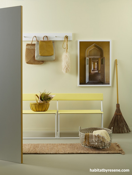 entryway, yellow entryway, yellow bench seat, yellow interior, vintage seat, resene chorus line