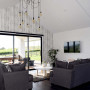 living room, lounge, monochromatic, black and white living, wallpaper feature wall, high ceilings 