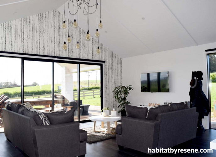 living room, lounge, monochromatic, black and white living, wallpaper feature wall, high ceilings 