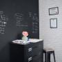 home office, study, black feature wall, blackboard paint, monochromatic, black and white study 