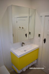 bathroom, white bathroom, yellow bathroom, yellow vanity, bathroom inspiration, bathroom ideas