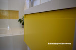 bathroom, yellow bathroom, yellow vanity, bathroom inspiration, bathroom ideas, resene turbo 