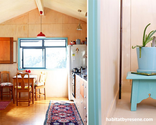 tiny home ideas, small home inspiration, kitchen inspiration, plywood interior ideas, resene