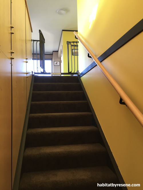 yellow interior ideas, yellow interior inspiration, yellow stairwell, stairwell design, resene