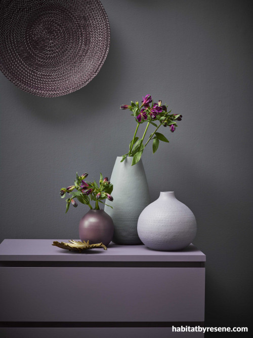 purple, black, vases, resene gun powder