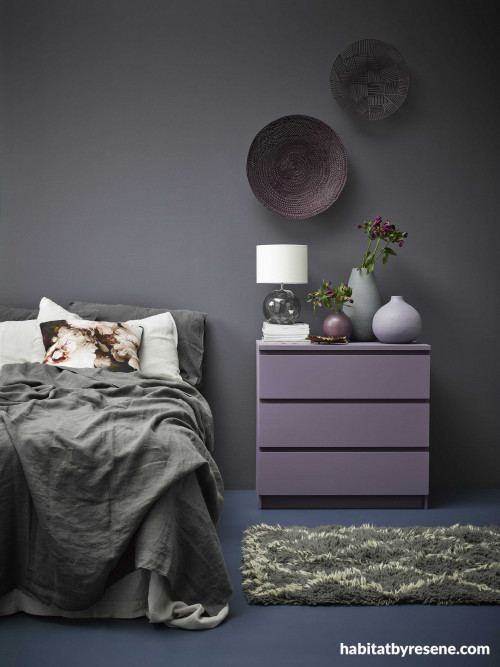 purple, black, grey bedroom, resene gunpowder, resene chapta and verse