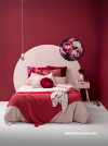 bedroom, red bedroom, red and pink bedroom, red feature wall, circle painted bedhead 