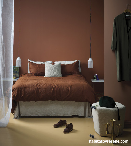 cosy bedroom, bedroom decor, trendy interiors, brown bedroom, terracotta