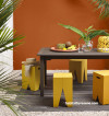 alfresco, outdoor dining, tropical courtyard, orange, yellow