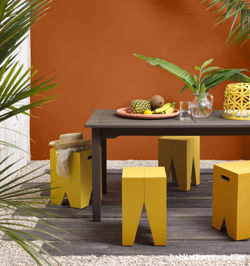alfresco, outdoor dining, tropical courtyard, orange, yellow